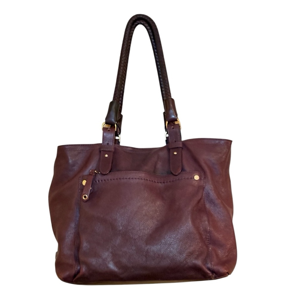 Cole Haan beautiful purse, dark plum leather with gold brass accents.